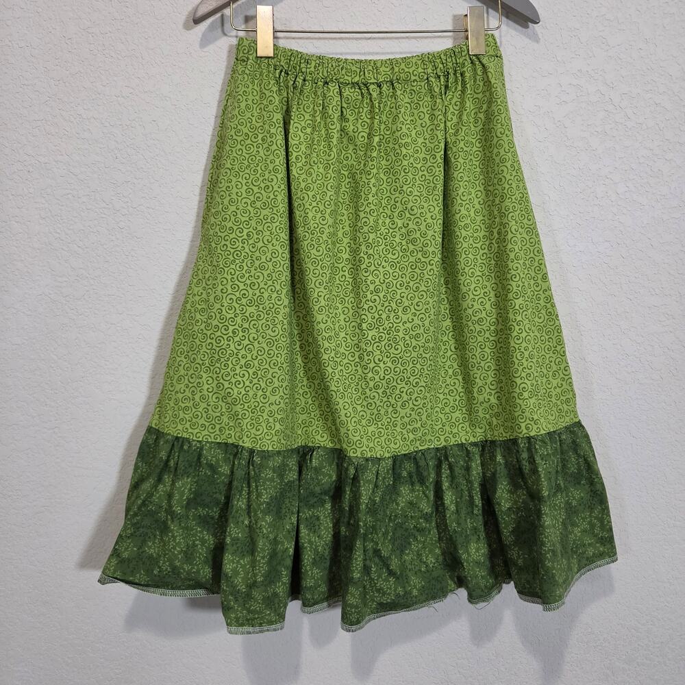 Handmade Skirt Women Small Medium Casual Green Mixed Print Elastic Waist Pockets